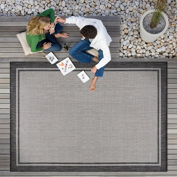 CAMILSON Indoor Outdoor Rug, 6x9 Bordered Gray Modern Area Rugs - Image 9