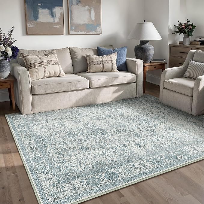 Vintage Area Rug 4x6 Blue Entryway Office Washable Carpet Non Slip Bedroom - Image 5