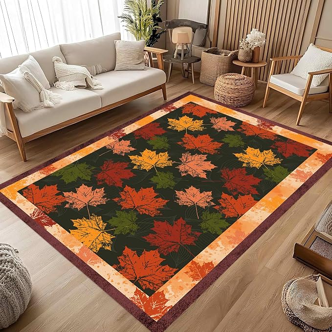 Fall Themed Area Carpet, Autumn Fallen Leaves Print Pattern Retro Rustic Style - Image 3