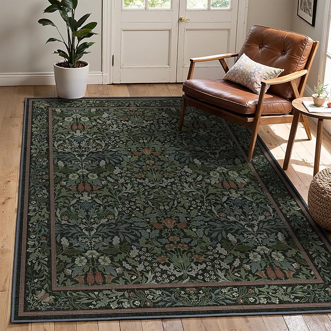 Bavni Floral Dark Green Area Rugs 5x7, Vintage Boho Carpet Machine Washable by BAVNI