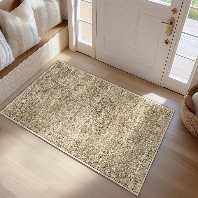 FMFUNCTEX Entryway Rug 2x3 Washable Brown Vintage Distressed Oriental Door Mat by Fmfunctex