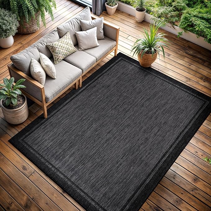 CAMILSON Indoor Outdoor Rug, 6x9 Bordered Dark Grey Black Modern Area Rugs by CAMILSONIndoorOutdoorAreaRugs