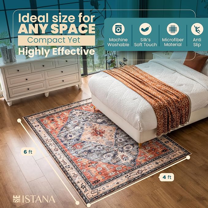 Istana 4x6 Rug - Red & Teal Area Rugs 4x6 - Kid & Pet Friendly Machine Washable - Image 2