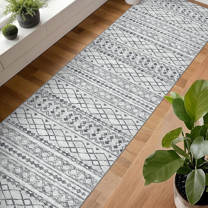 KUTA Long Hallway Runner Rug 2.6x18 Non-Slip Washable, Moroccan Vintage Grey - Image 3