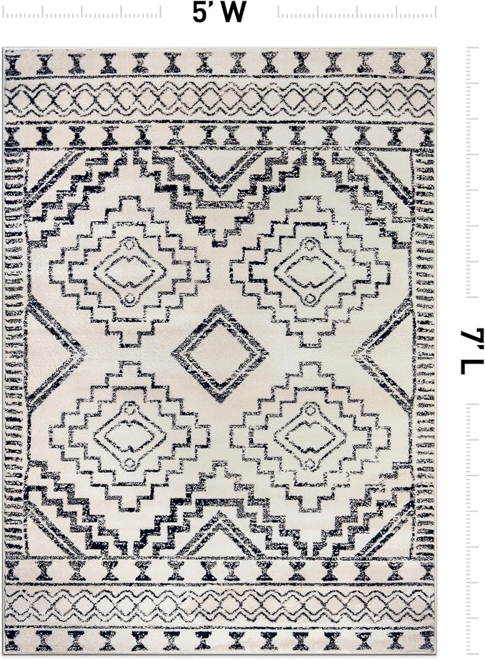 Rugshop Cream and Black Southwestern Tribal Area Rug – Boho Geometric Diamond - Image 2