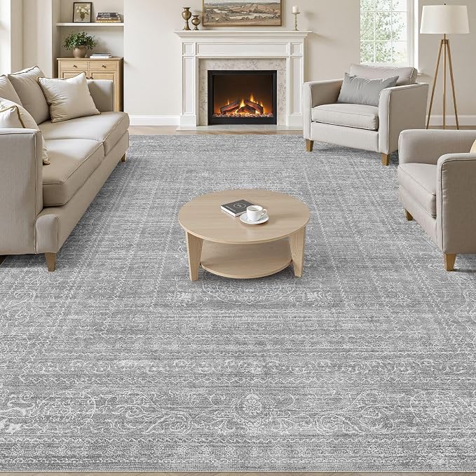 12x15 Area Rug Living Room: Washable Large Vintage Grey Rug Neutral Non-Slip by NakagishiAreaRug