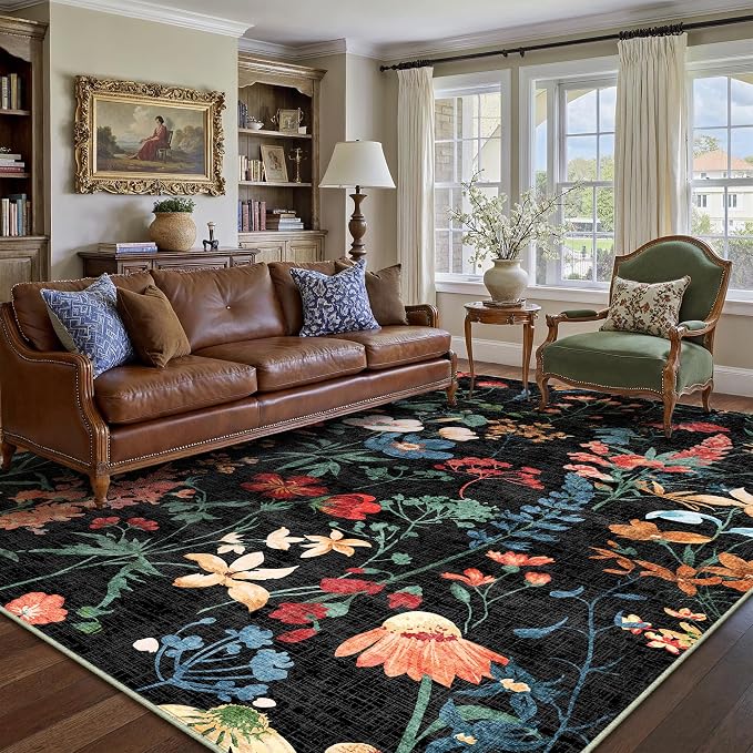 Black Area Rug 6x9 Floral Washable Living Room Kitchen Boho Carpet Non Slip Low by PureCozy