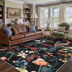 Black Area Rug 6x9 Floral Washable Living Room Kitchen Boho Carpet Non Slip Low by PureCozy