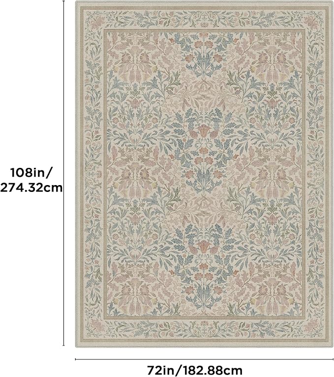 Bavni Floral Beige Pink Area Rugs 6x9, Vintage Boho Carpet Machine Washable - Image 2