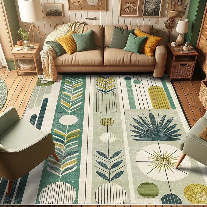 Ambesonne Mid Century Modern Decorative Rug, Abstract Circles Leaves and - Image 5