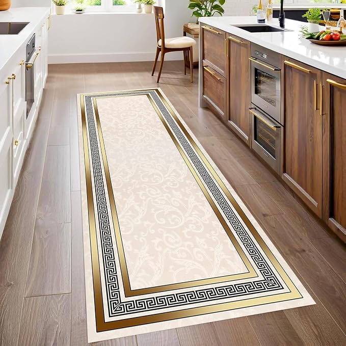 Classic Bohemian Hallway Rugs, Western Retro Greek Key Beige Fade Resistant - Image 2