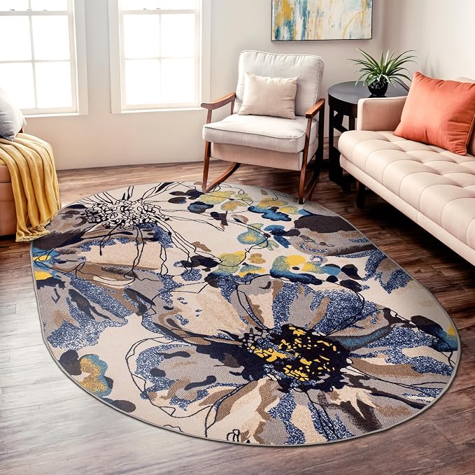 Rugshop Cream Bright Flowers Non Slip Non-Shedding Oval Area Rug - Image 8
