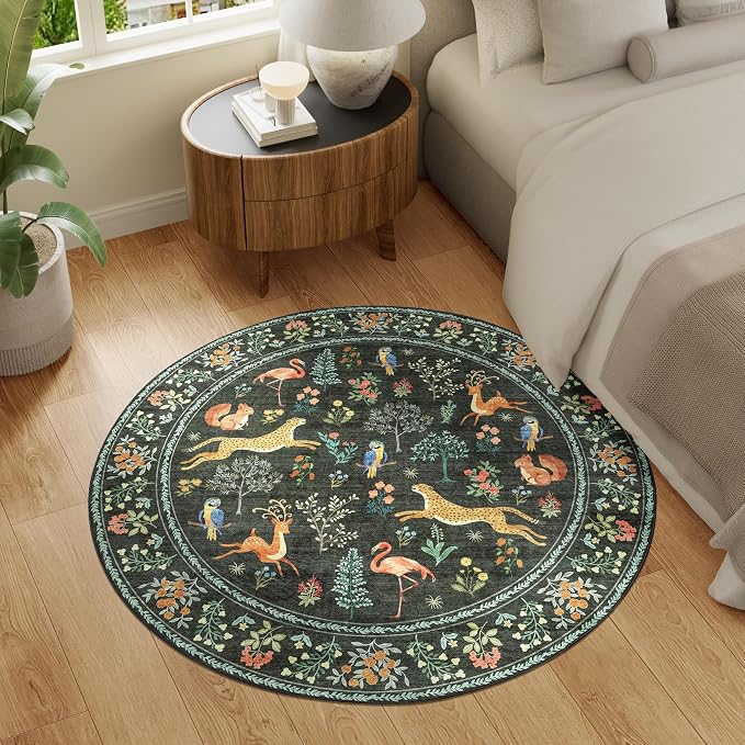 DUKINO 4ft Round Rug, Washable Round Area Rug, Non Slip Indoor Low Pile Animal - Image 3