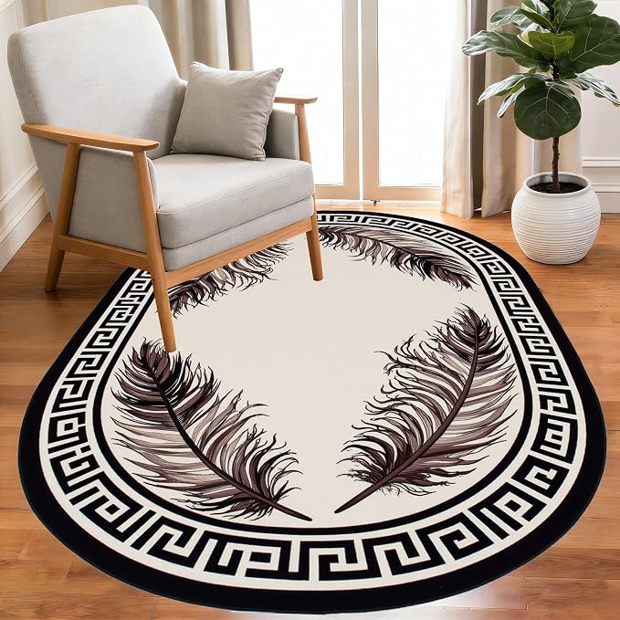 Light Beige Tan Black Greek Key Pattern Bordered Large Rugs - Image 2