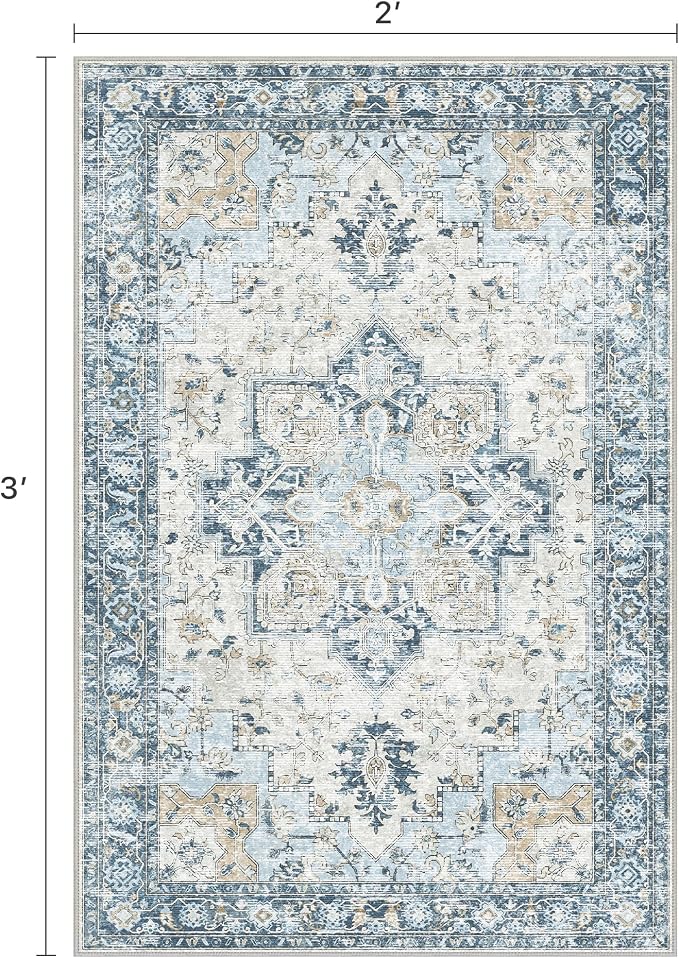 Area Rug 2x3 Doormat, Machine Washable Low Pile Vintage Rugs, Small Lightweight - Image 2