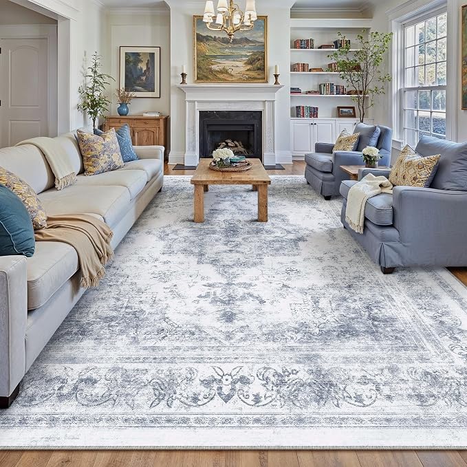 Washable Rug 9x12 Area Rug for Living Room Blue Vintage Boho Medallion Large by PureCozy