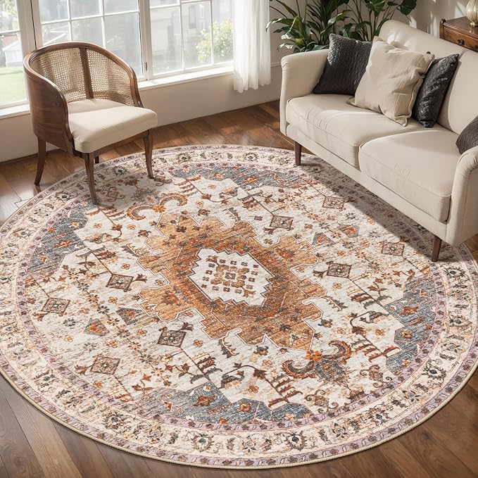 Tangsoo Vintage Round Rug 6ft, Washable Circle Rug, Non Slip Boho Round Area Rug by Tangsoo