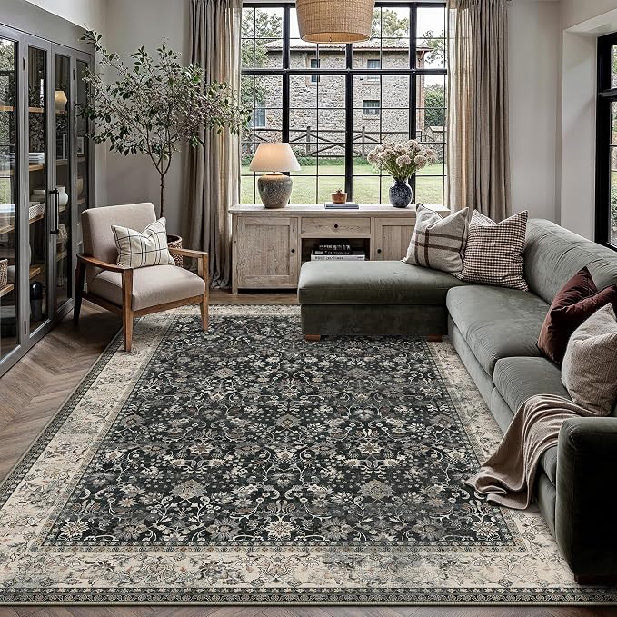 HUGEAR 6x9 Machine Washable Rugs Black Beige Hallway Large Area Rug Indoor by HUGEAR