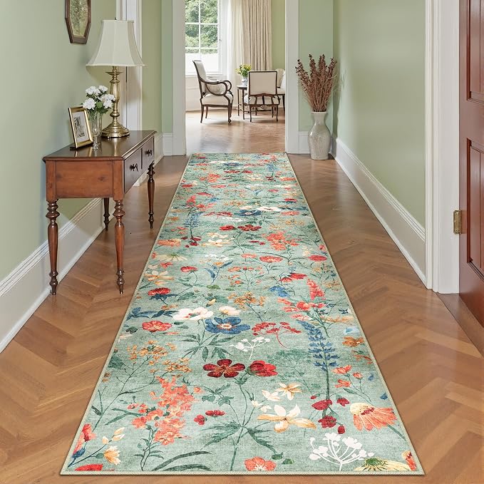 Floral Runner Rug 2x8 Washable Hallway Long Green Bedroom Carpet Non Slip - Image 7