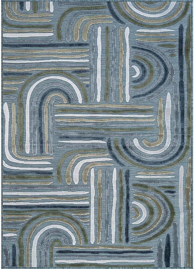 CAMILSON Indoor Outdoor Rug, Aqua 8x10 Geometric Arch Striped Area Rugs - Image 2