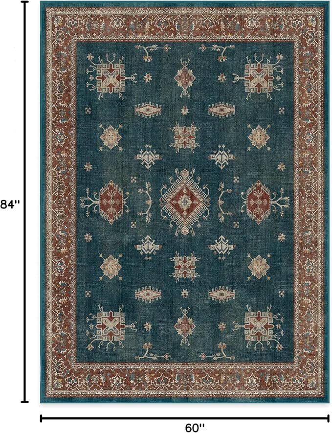 RUGGABLE Washable Vintage Area Rug – Verena Teal Blue 5x7, Stain-Resistant - Image 3