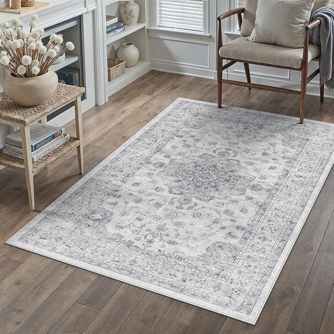 HUGEAR Machine Washable Area Rugs 3x5 Vintage Blue Living Room Rug Neutral by HUGEAR