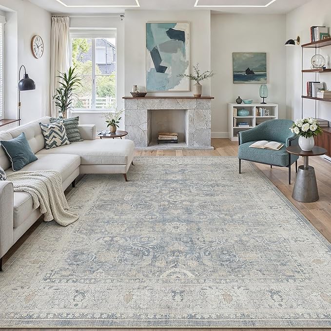 8x10 Blue Washable Area Rug for Living Room Bedroom Neutral Soft Non Slip Rug by WondRg