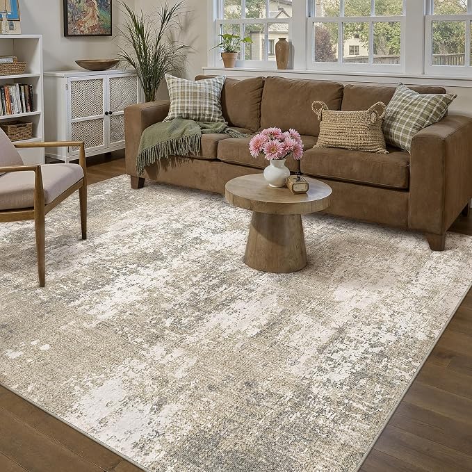 Beige Area Rug 4x6 Machine Washable Modern Abstract Office Carpet Neutral Non by PureCozy