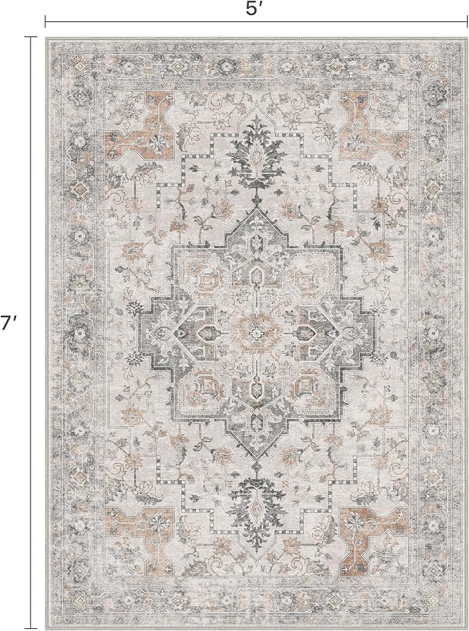 5X7 Area Rugs for Living Room, Machine Washable Non Slip Vintage Rugs, Low Pile - Image 2