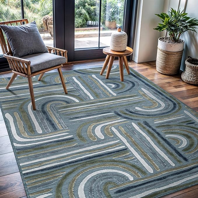 CAMILSON Indoor Outdoor Rug, Aqua 5x7 Geometric Arch Striped Area Rugs - Image 3