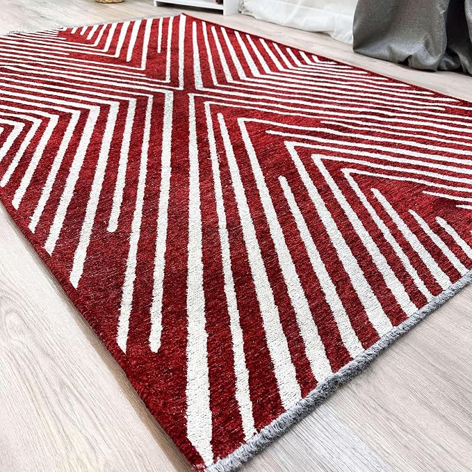 Alfa Rich 3x5 Geometric Red Burgundy Off White Washable Area Rugs by AlfaRichRugs