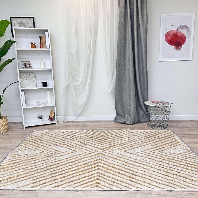 Alfa Rich 3x5 Geometric Gold Off White Washable Area Rugs - Image 2