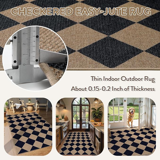 Lahome Checkered Easy Jute Entry Rug, 3x5 Black Outdoor Patio Rug - Image 3