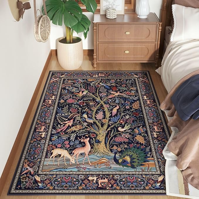 Rugcomf Area Rugs 4x6 Vibrant Tree of Life-Patterned Vintage Washable Rugs Non - Image 2