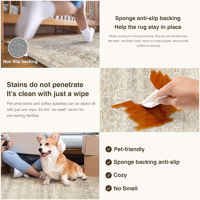 HUGEAR 2x6 Washable Area Rug Beige Runner Rug Vintage Neutral Non Slip Soft - Image 6