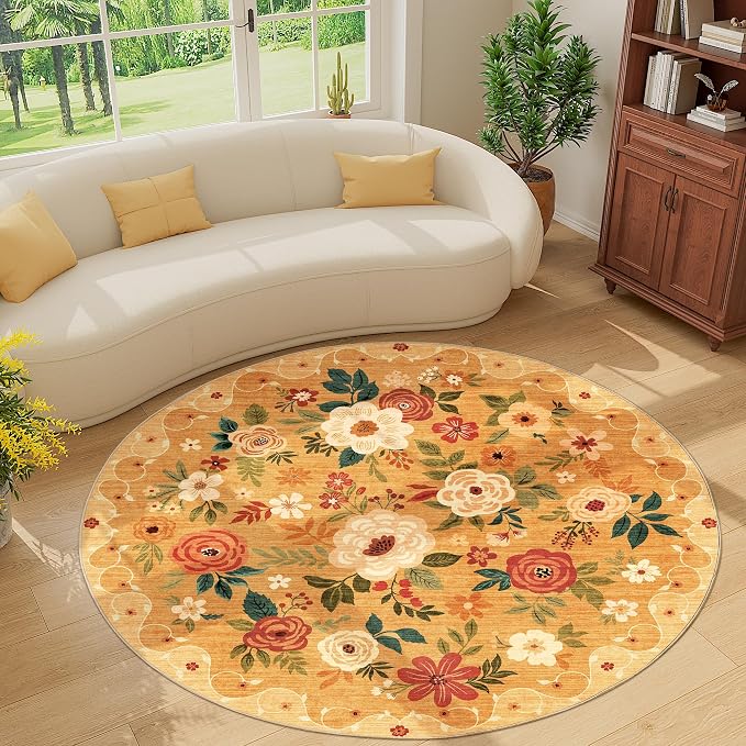 DUKINO Floral Round Rug, 6ft Washable Circle Rug, Non Slip Indoor Low Pile - Image 7