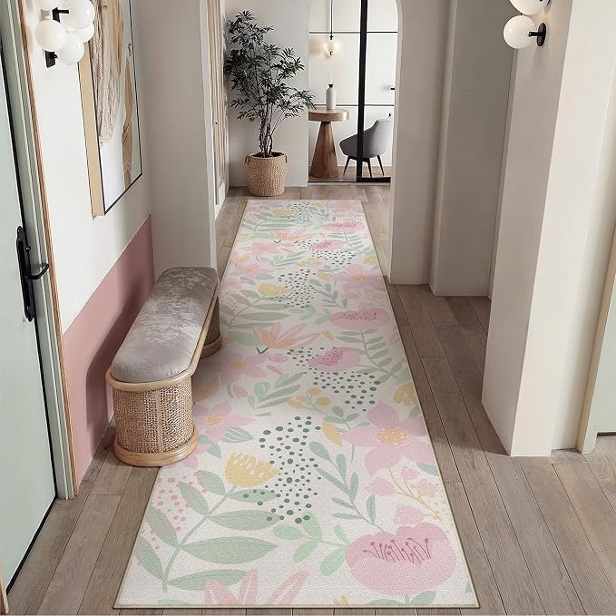 Floral Runner Rug 3x10 Washable Hallway Pink Bedroom Non Slip Cute Long Kitchen by PureCozy