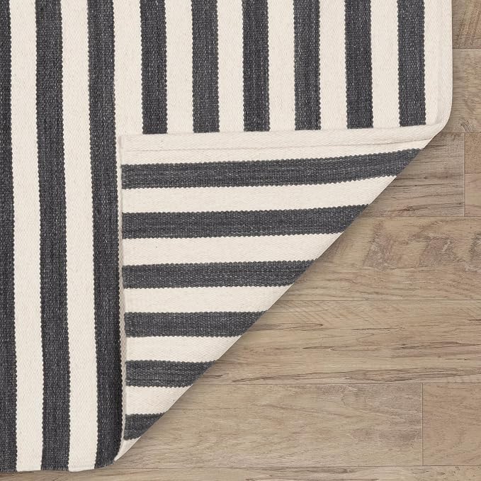 Home Conservatory Ladder Stripe Black/Ivory Handwoven Wool 5 X 8 Feet - Image 5
