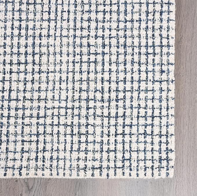 Hand-Tufted 100% Wool Pile Area Rug – Geometric Textured Grid Check Pattern – - Image 3