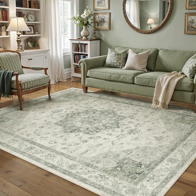 Green Area Rug 4x6 Washable Vintage Carpet Entryway Office Soft Retro Kitchen - Image 5