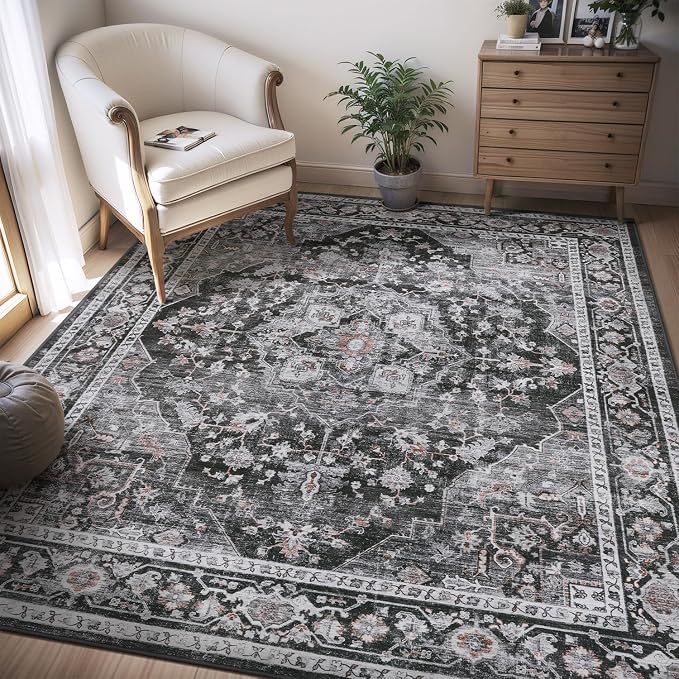 AMOAMI-Area Rug 6X9 Rugs for Living Room-Vintage Sof Dark Grey & Black Rugs for - Image 7