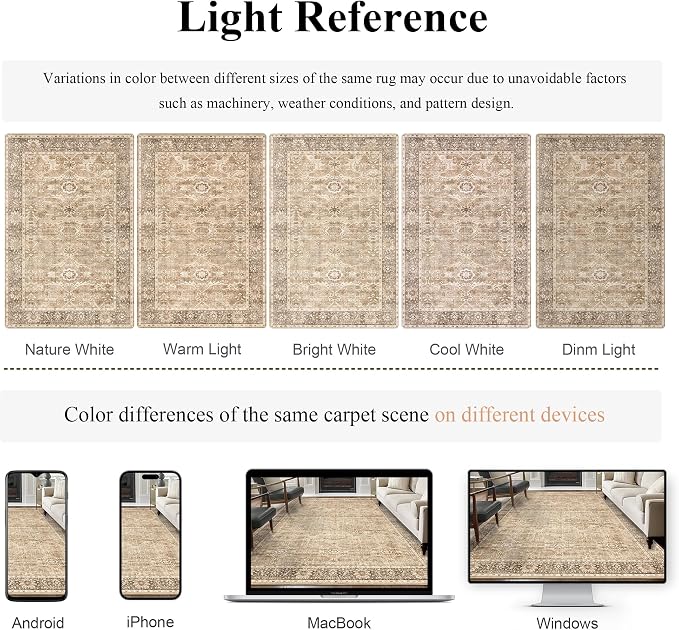 5x7 Beige Washable Rug for Living Room Large Vintage Distressed Bedroom Rug Low - Image 4