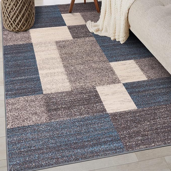 Rugshop Contemporary Blue Geometric Boxes Non-Slip Area Rug Non-Shedding by Rugshop