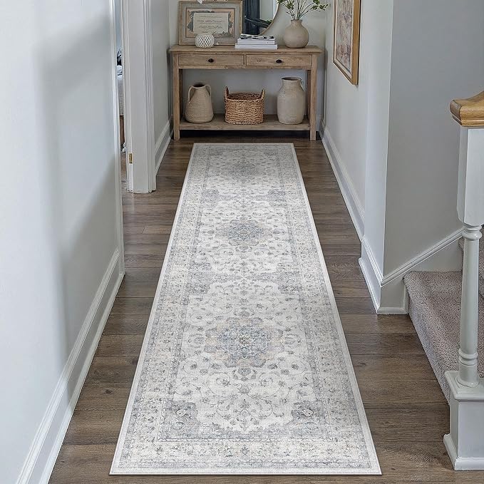 HUGEAR Machine Washable Hallway Runner Rugs 2x8 Vintage Blue Neutral Style Non by HUGEAR
