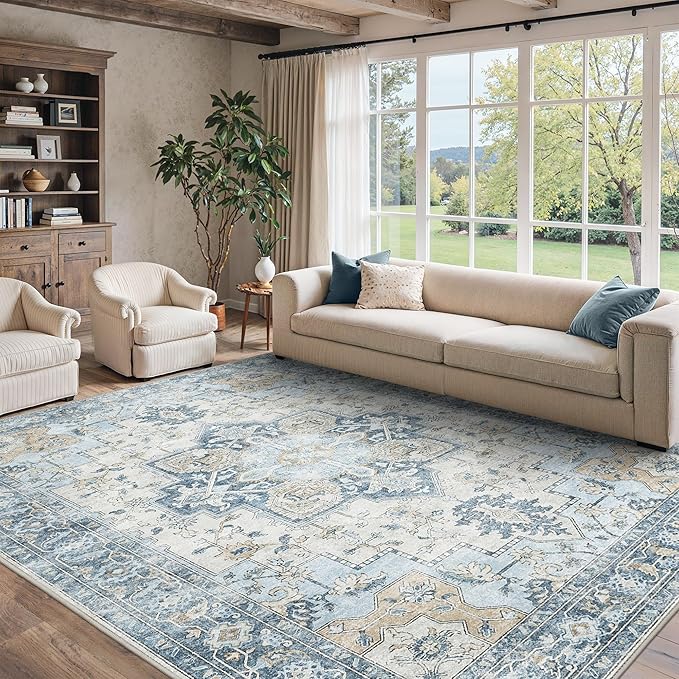 10x12 Area Rugs for Living Room, Machine Washable Rug, Non Slip Vintage Rugs by BESBLEE