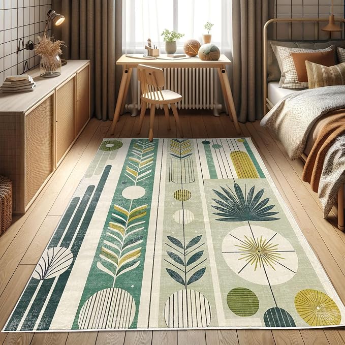 Ambesonne Mid Century Modern Decorative Rug, Abstract Circles Leaves and - Image 2