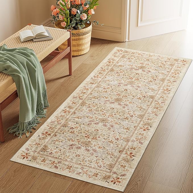 DUKINO 2x5 Washable Runner Rug, Floral Non Slip Bathroom Rugs by DUKINO