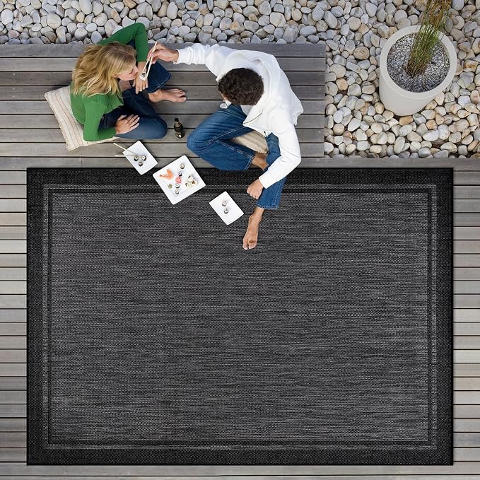 CAMILSON Indoor Outdoor Rug, 8x10 Bordered Dark Gray Black Modern Area Rugs - Image 10