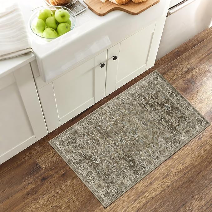 2x3 Entryway Rug Brown Grey Washable Vintage Rugs - Image 3
