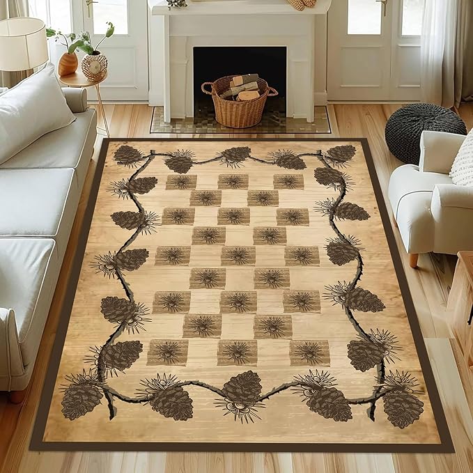 Vintage Plaid Area Rug 4x5ft Rustic Cabin Pine Cone Branches Lattice Pattern - Image 2